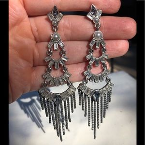 Statement Silver + Rhinestone + Pearl Fringe Earrings